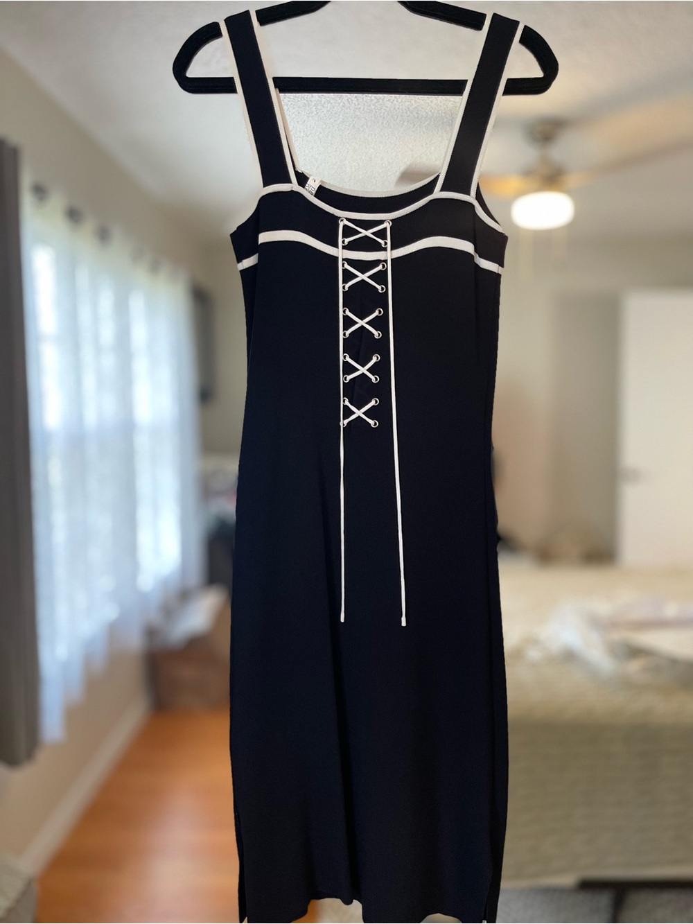 BCBGMaxAzria Black Midi Dress with White Lace-Up Trim